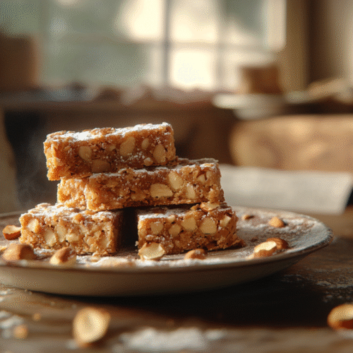 Homemade Butterscotch Brickle Bars stacked on rustic ceramic plate with almonds and handwritten recipe note in warm Italian kitchen setting