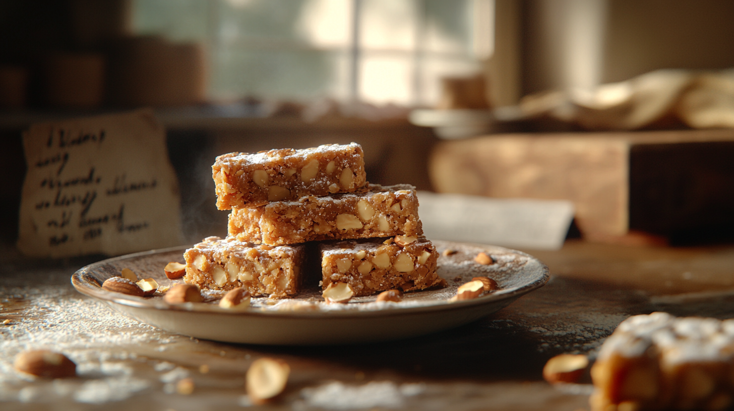 Homemade Butterscotch Brickle Bars stacked on rustic ceramic plate with almonds and handwritten recipe note in warm Italian kitchen setting