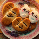 Italian good night cookies Biscotti della Buonanotte with lavender on vintage plate next to chamomile tea and candles