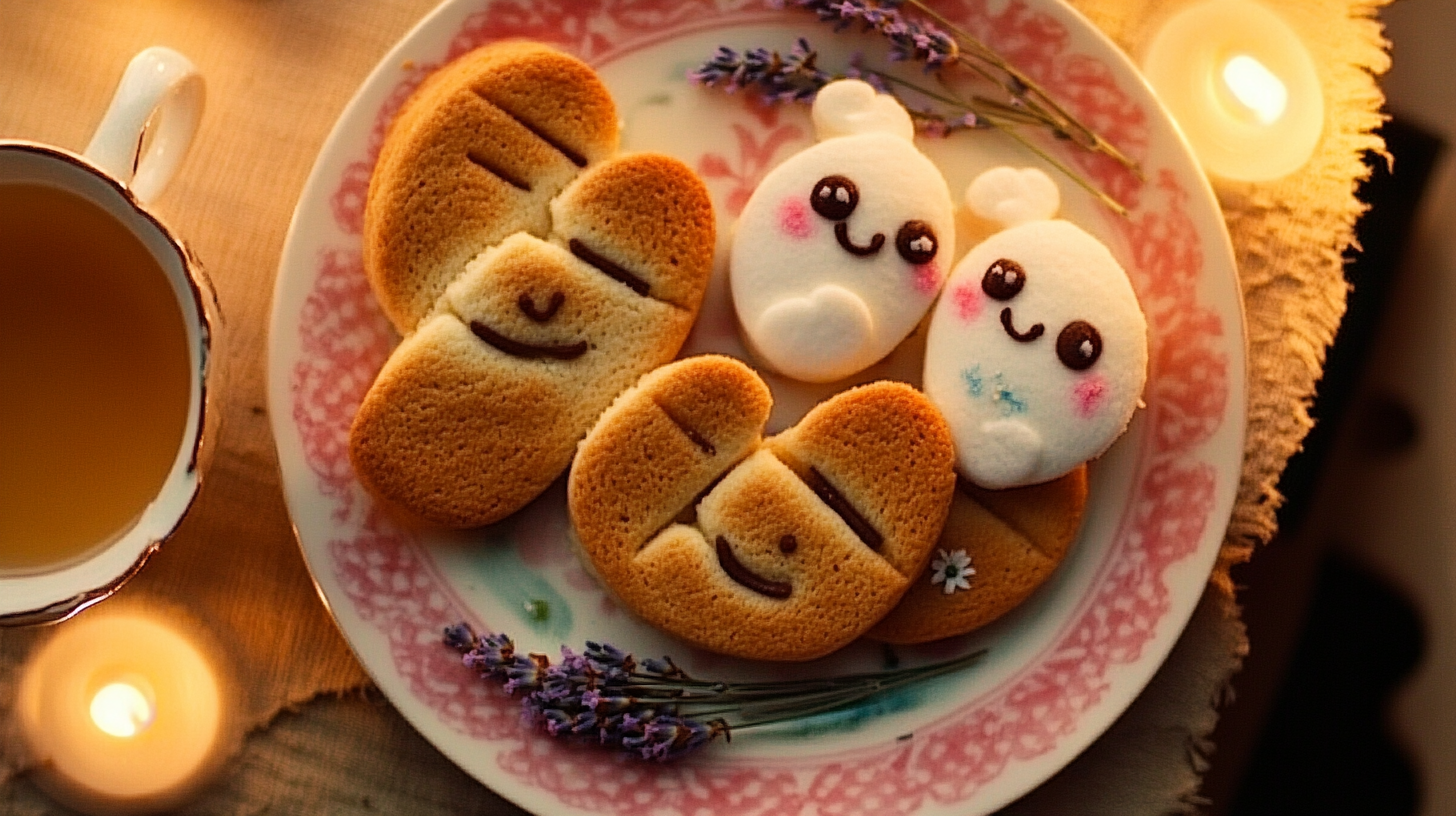 Italian good night cookies Biscotti della Buonanotte with lavender on vintage plate next to chamomile tea and candles