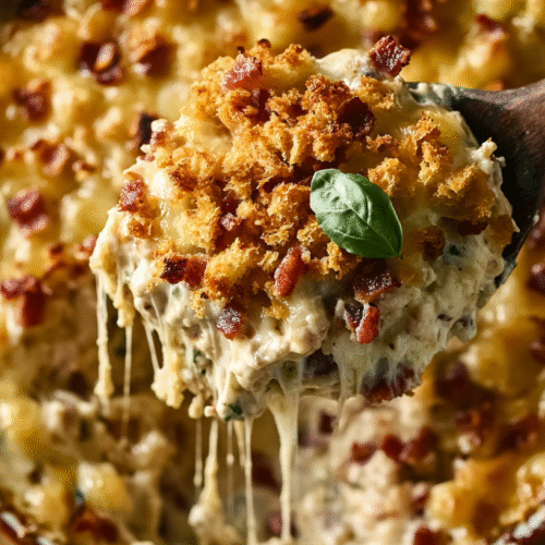 Italian chicken bacon crunch casserole being lifted on wooden spoon with melted cheese stretching, golden breadcrumb topping, fresh basil garnish, served in ceramic dish