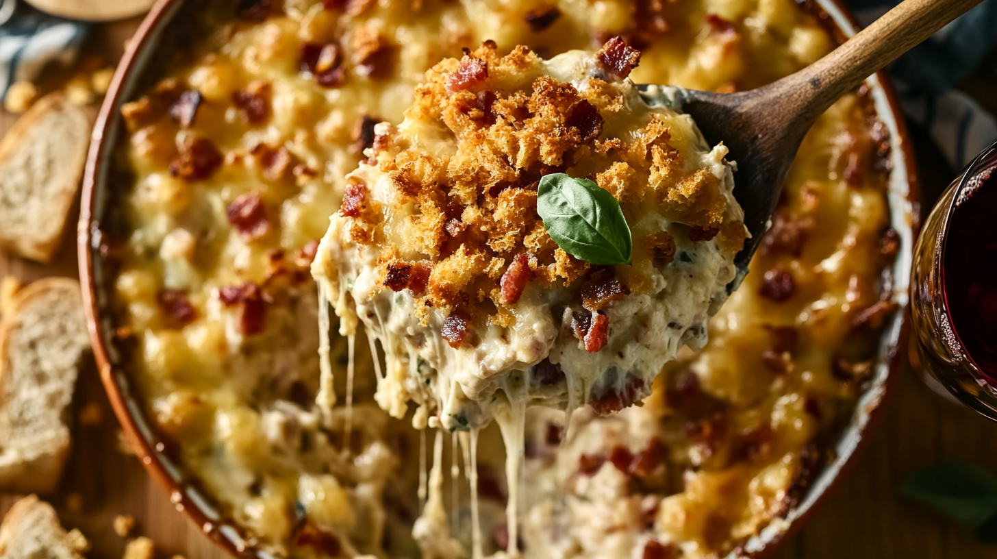 Italian chicken bacon crunch casserole being lifted on wooden spoon with melted cheese stretching, golden breadcrumb topping, fresh basil garnish, served in ceramic dish