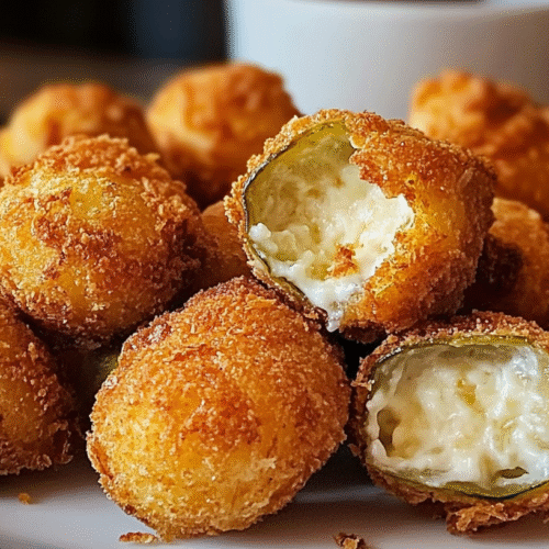 Crispy fried pickle ranch cheese bombs with golden brown coating and melted cheese filling visible in cut open bombs on white plate