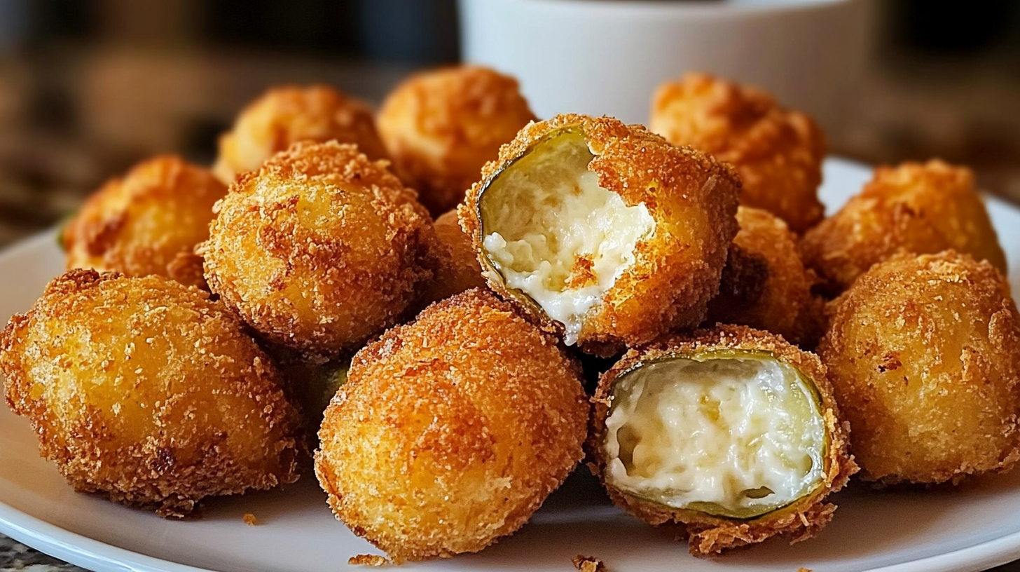 Crispy fried pickle ranch cheese bombs with golden brown coating and melted cheese filling visible in cut open bombs on white plate