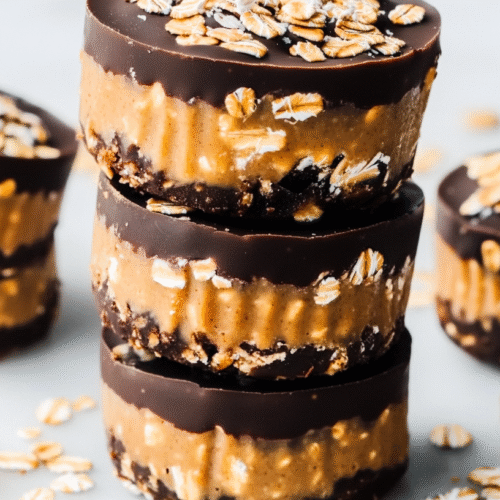 Stack of homemade no-bake peanut butter oat cups with chocolate topping and visible oats, arranged on white surface with scattered oats and peanuts