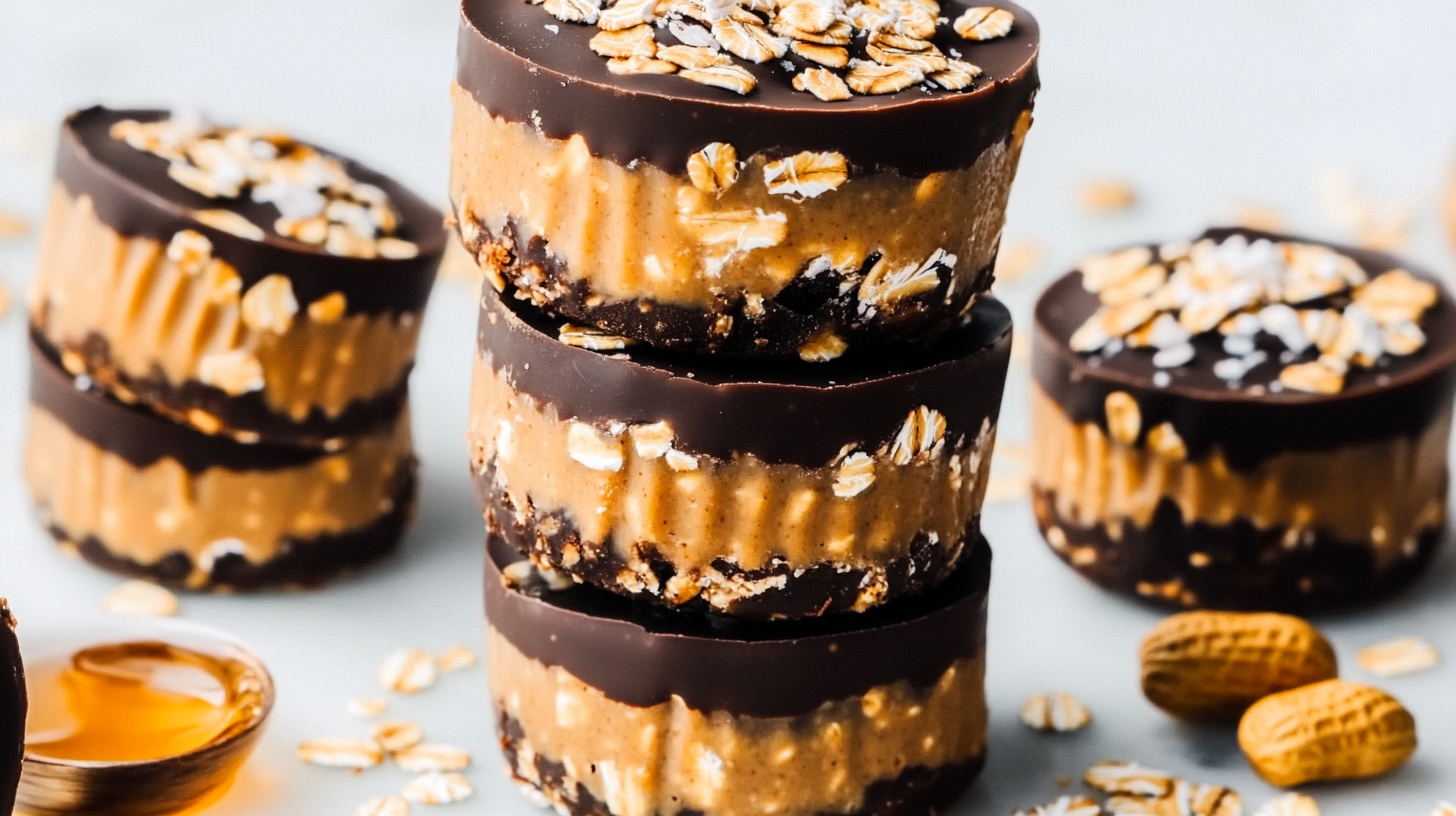 Stack of homemade no-bake peanut butter oat cups with chocolate topping and visible oats, arranged on white surface with scattered oats and peanuts