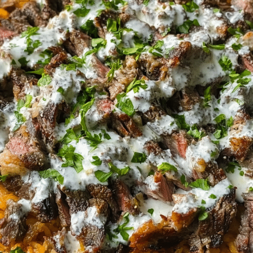 Sliced grilled steak over golden saffron rice with white cheese sauce and fresh herbs, beautifully plated on white dish