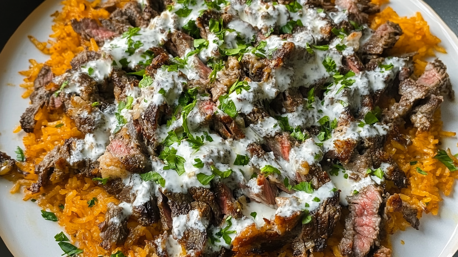 Sliced grilled steak over golden saffron rice with white cheese sauce and fresh herbs, beautifully plated on white dish