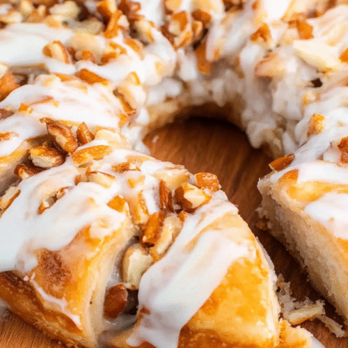 Homemade Danish Kringle pastry ring with white glaze and chopped nuts on a wooden serving board