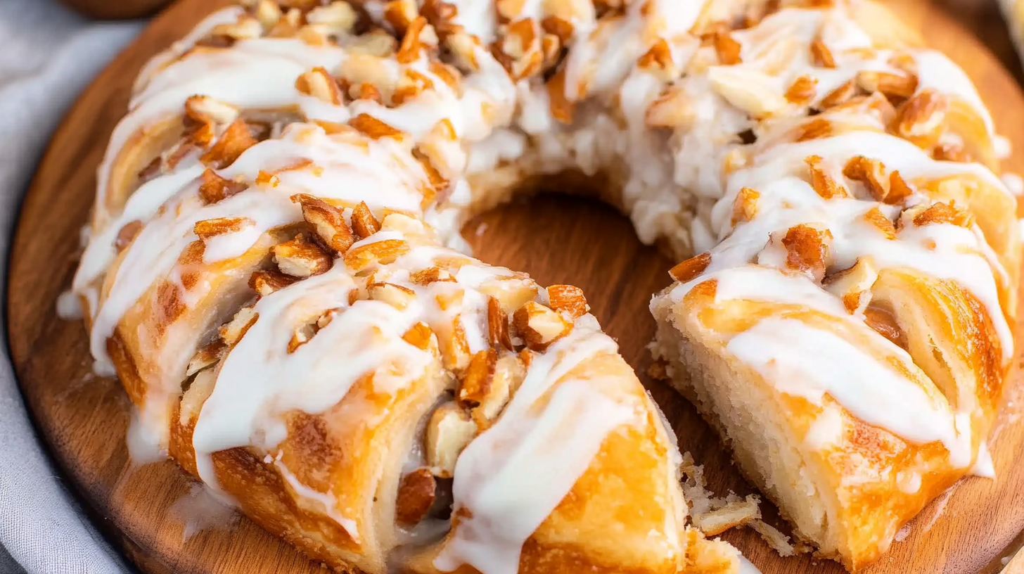 Homemade Danish Kringle pastry ring with white glaze and chopped nuts on a wooden serving board