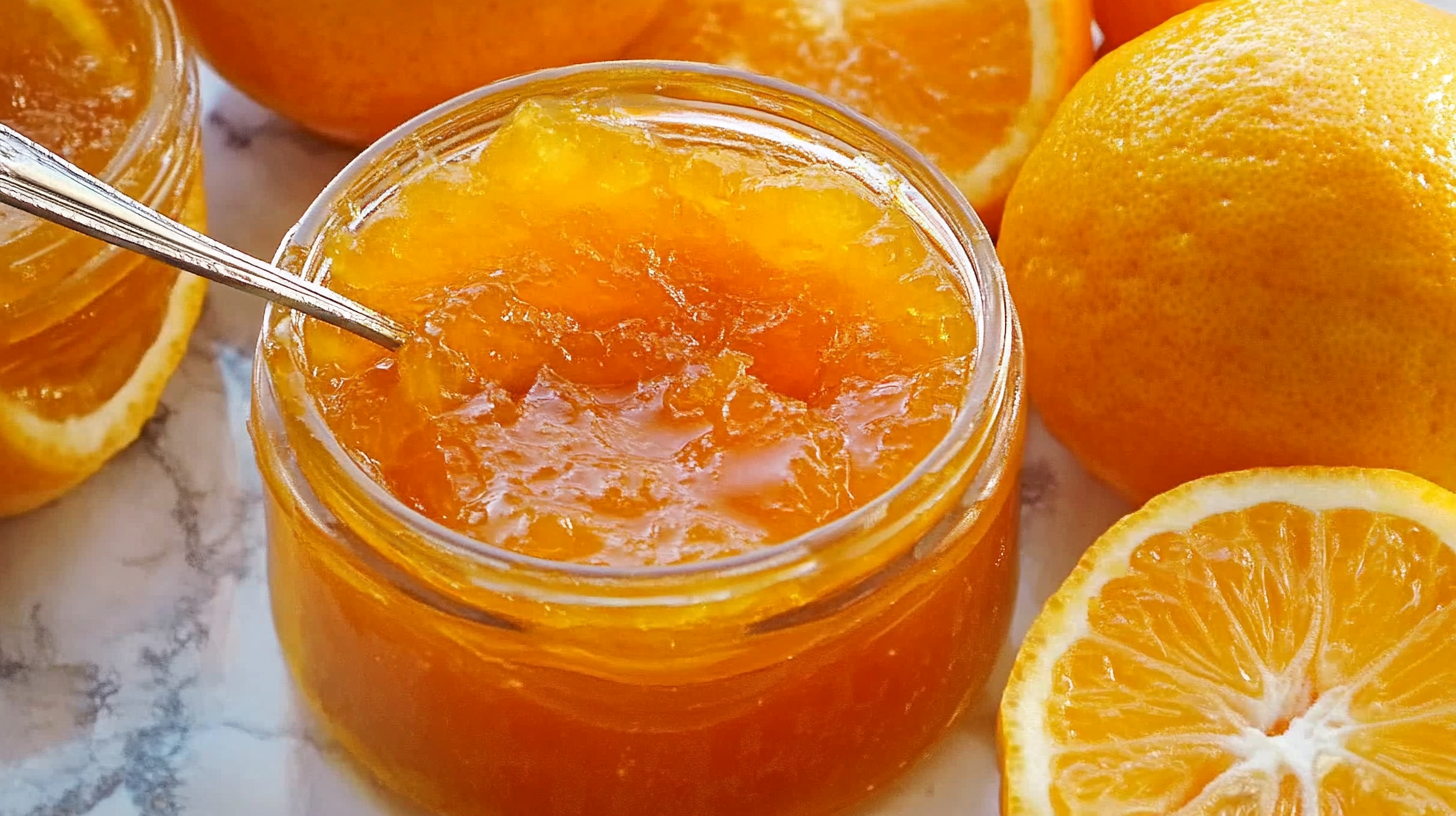 Homemade orange and lemon marmalade in a glass jar with a silver spoon, surrounded by fresh citrus fruits on a marble surface.