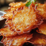 Golden-brown crispy onion fritters stacked on a dark plate with a small bowl of dipping sauce visible to the left.