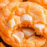 Creamsicle orange cookies with melted white chocolate chips and bite taken out showing soft chewy texture