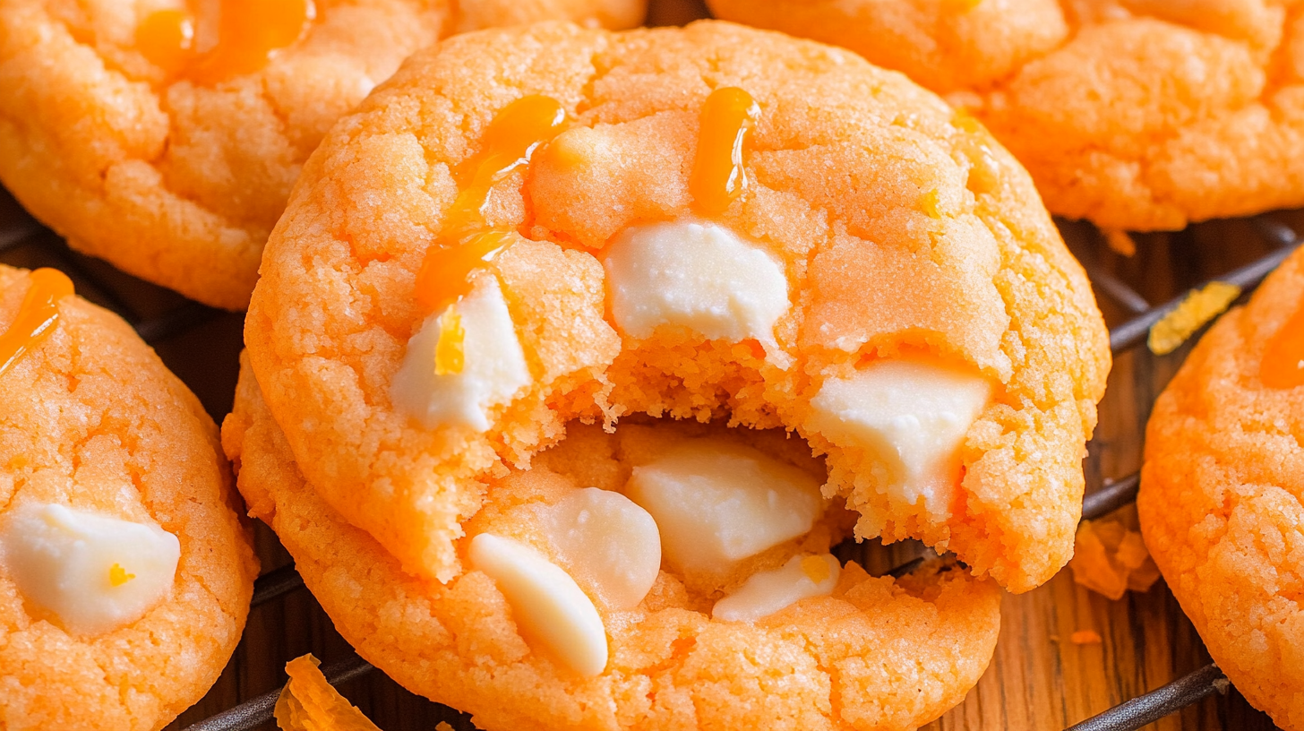 Creamsicle orange cookies with melted white chocolate chips and bite taken out showing soft chewy texture