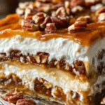 Slice of layered Pecan Pie Lasagna dessert showing creamy mascarpone layers, caramel pecan filling, and topped with caramel sauce and chopped pecans