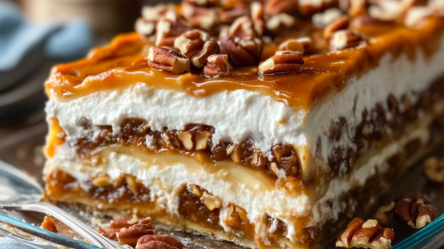 Slice of layered Pecan Pie Lasagna dessert showing creamy mascarpone layers, caramel pecan filling, and topped with caramel sauce and chopped pecans