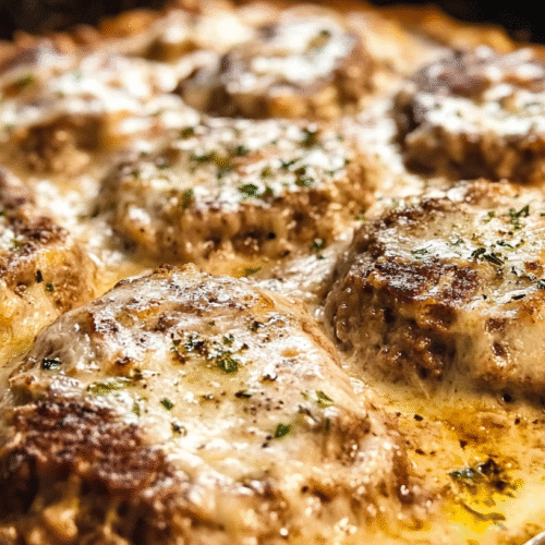 Homemade Amish Hamburger Steak Bake with seared beef patties bubbling in creamy mushroom gravy, garnished with fresh herbs in a black baking dish.