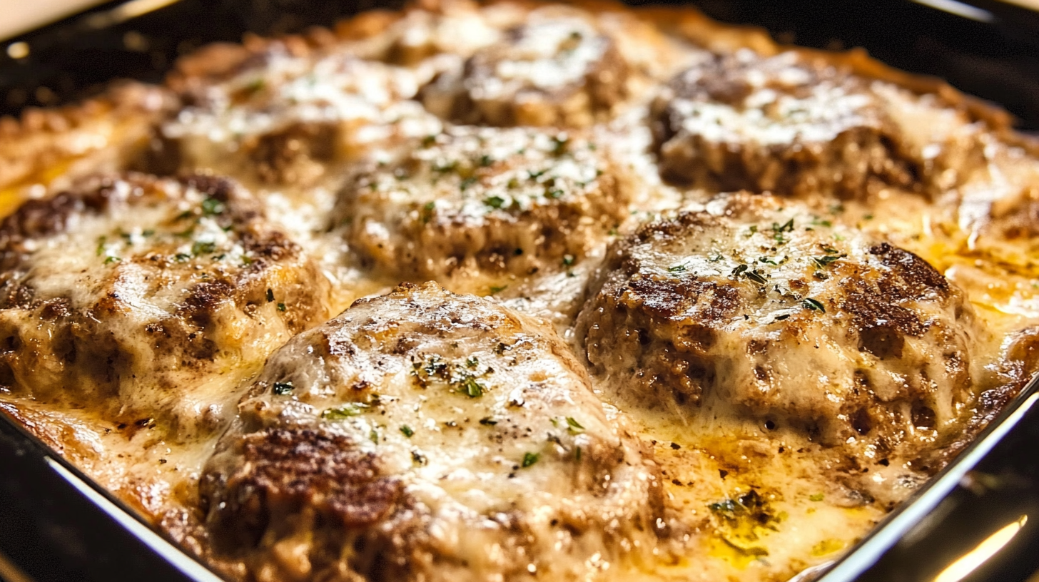 Homemade Amish Hamburger Steak Bake with seared beef patties bubbling in creamy mushroom gravy, garnished with fresh herbs in a black baking dish.