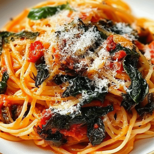 Meghan Markle pasta recipe with spaghetti, fresh spinach, cherry tomatoes and grated Parmesan cheese on white plate