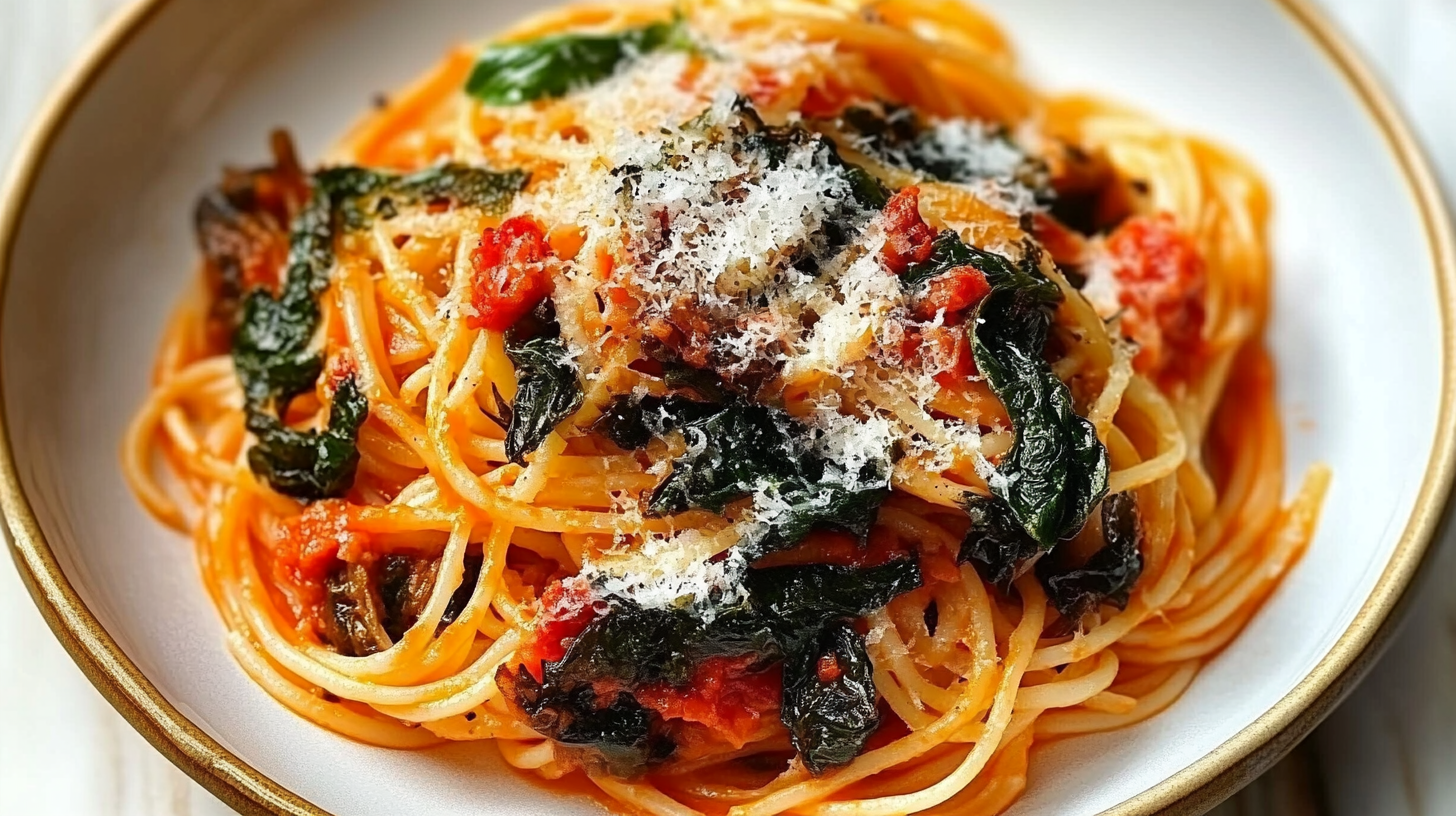 Meghan Markle pasta recipe with spaghetti, fresh spinach, cherry tomatoes and grated Parmesan cheese on white plate