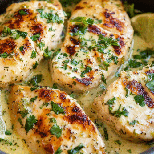 Golden seared chicken breasts in creamy cilantro lime sauce with fresh lime wedges and herbs