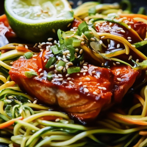 Hoisin salmon noodles with glazed salmon fillet over colorful vegetable noodles garnished with sesame seeds and green onions