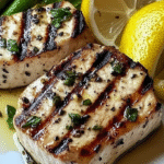 Butter grilled wahoo steaks with perfect grill marks, herb butter, lemon wedges and grilled asparagus on white plate