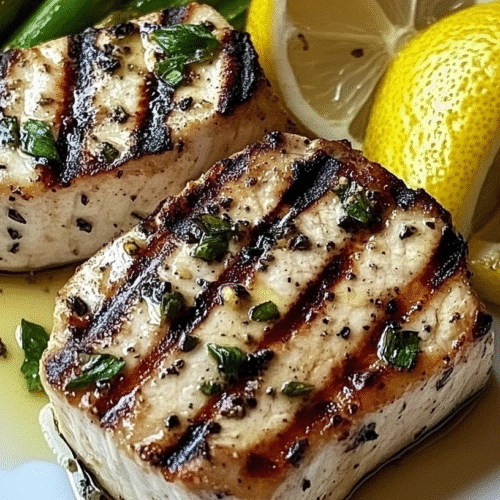 Butter grilled wahoo steaks with perfect grill marks, herb butter, lemon wedges and grilled asparagus on white plate